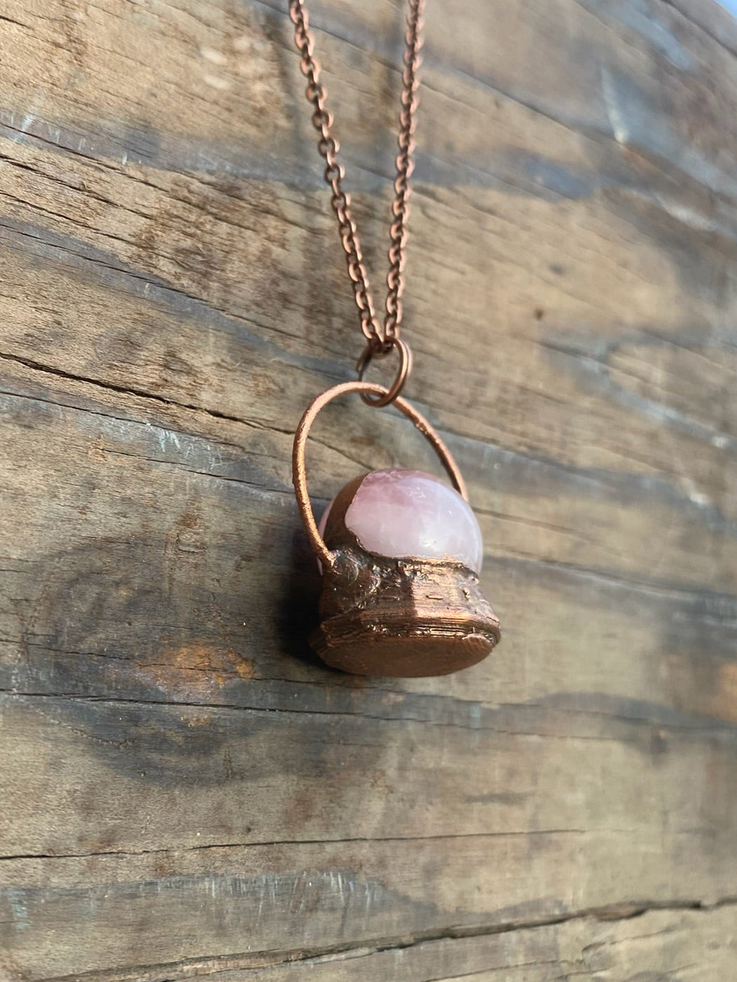 Rose Quartz Crystal Ball Copper Electroformed Necklace