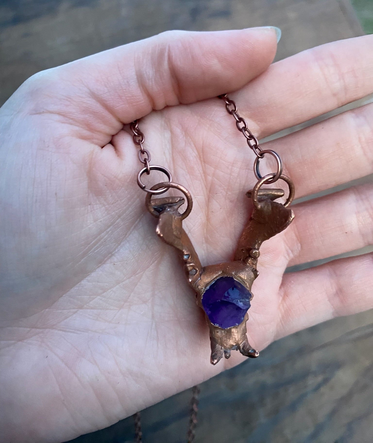 Raccoon Jaw Bone with Amethyst Copper Electroformed Necklace