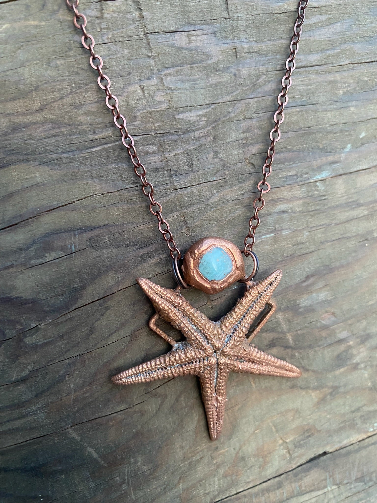 Starfish with Aquamarine Copper Electroformed Necklace