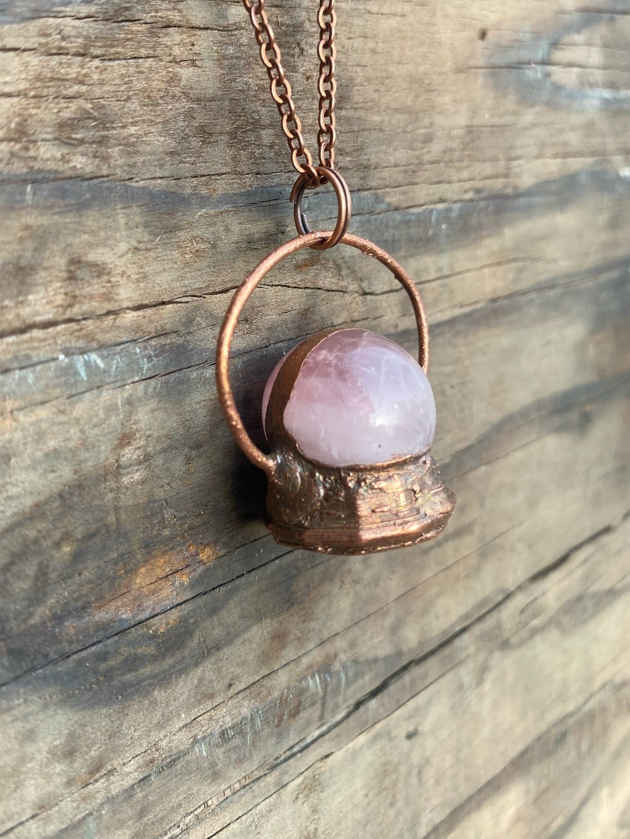 Rose Quartz Crystal Ball Copper Electroformed Necklace