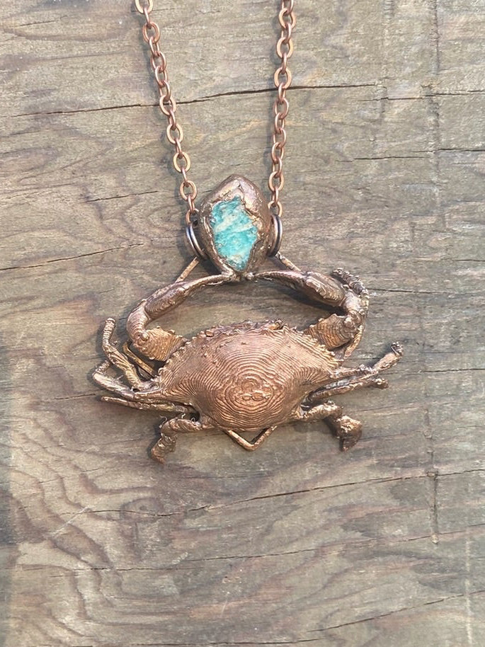 Crab and Aquamarine Copper Electroformed Necklace