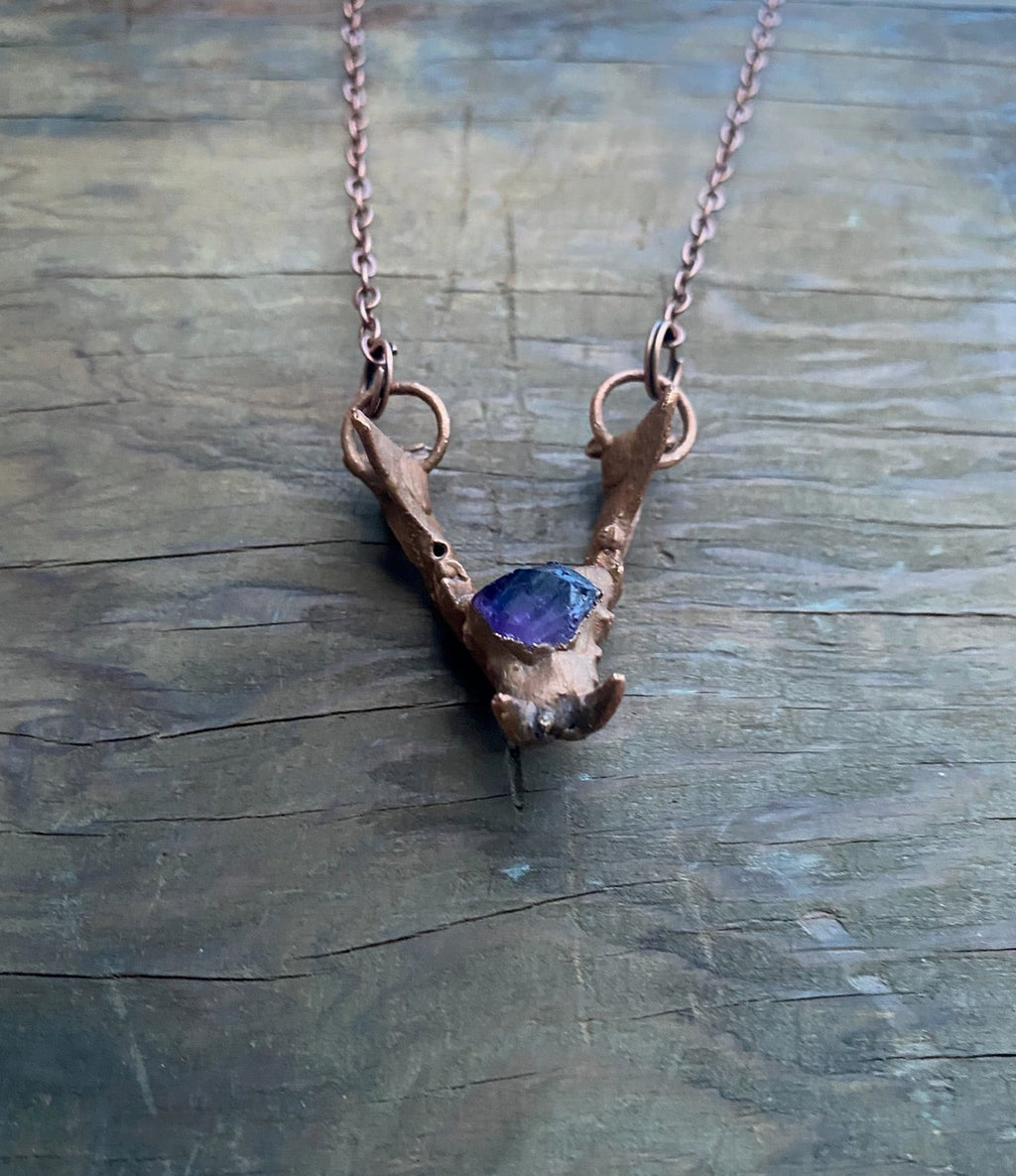 Raccoon Jaw Bone with Amethyst Copper Electroformed Necklace
