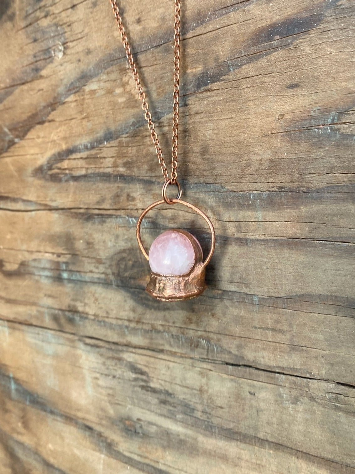 Rose Quartz Crystal Ball Copper Electroformed Necklace