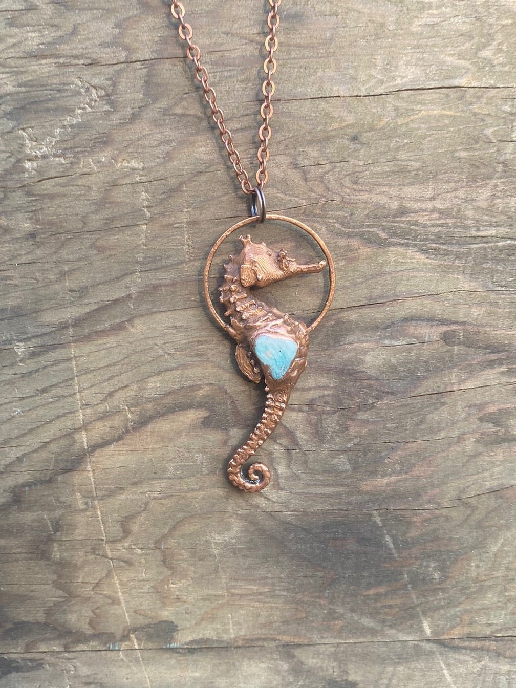 Seahorse and Aquamarine Copper Electroformed Necklace