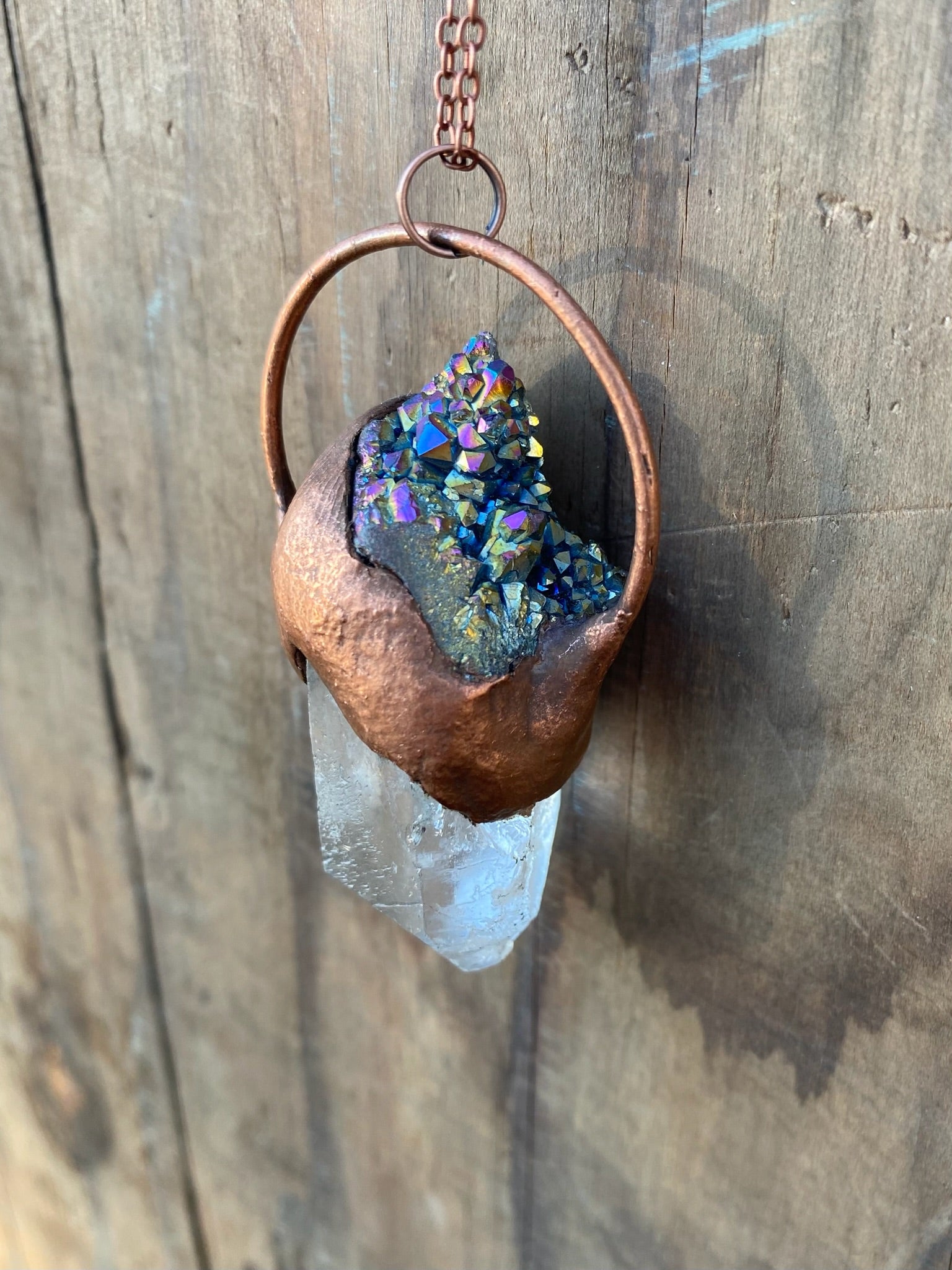 Quartz and Rainbow Aura Quartz Copper Electroformed Necklace