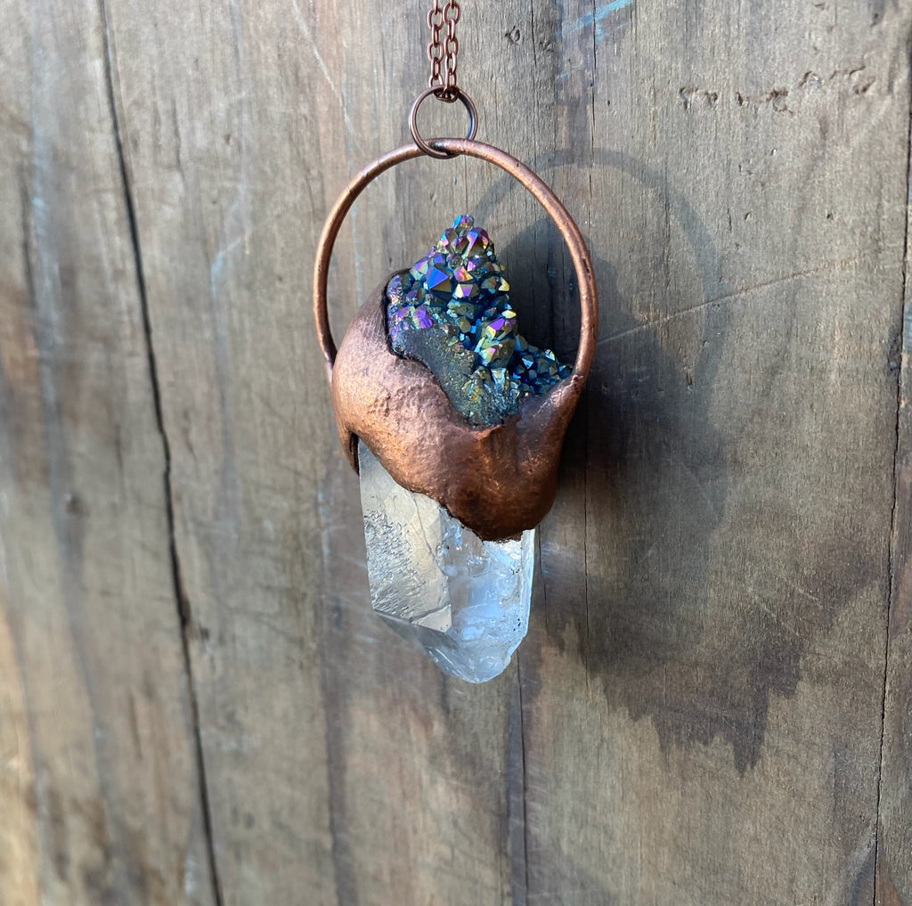 Quartz and Rainbow Aura Quartz Copper Electroformed Necklace