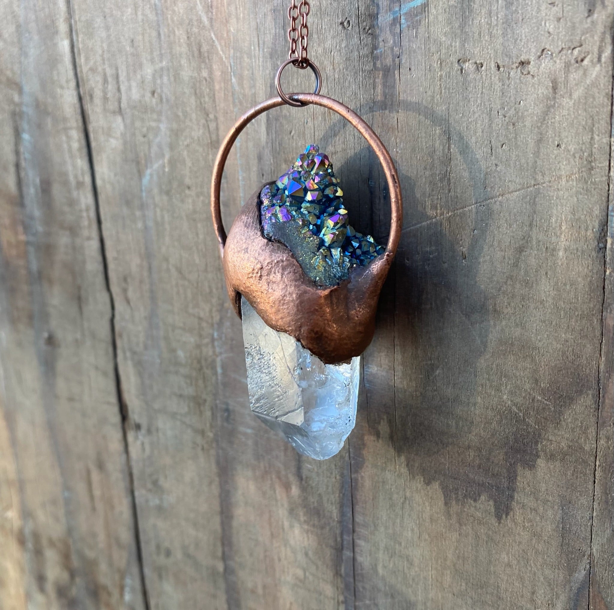 Quartz and Rainbow Aura Quartz Copper Electroformed Necklace