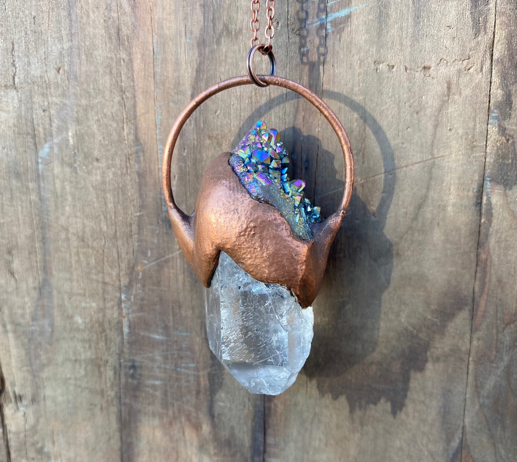 Quartz and Rainbow Aura Quartz Copper Electroformed Necklace