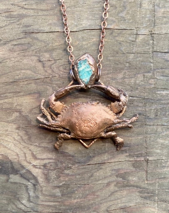 Crab and Aquamarine Copper Electroformed Necklace