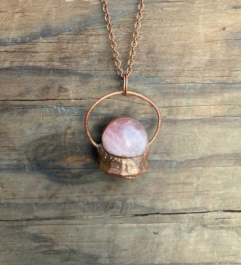 Rose Quartz Crystal Ball Copper Electroformed Necklace